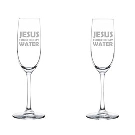 MIP Set of 2 Glass Champagne Flutes Sparkling Wine Glasses Jesus Touched My Water Funny (8 oz Stemmed)