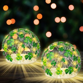 2 Pcs St Patrick's Day Decorations Lighted Glass Ball Tabletop Decor Crackle LED Glass Orb Night Light with Clover Pattern Sphere Table Lamp for Indoor Living Room Bedroom Office Table Decor Gift