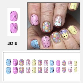 Press on Nails Square Short 24Pcs Glossy Full Cover Acrylic Easter False Nails with Rabbit Flower Chick Designs Artificial Extra Short Square Fake Nails with Glue Stick on Fingernails for Women Girls