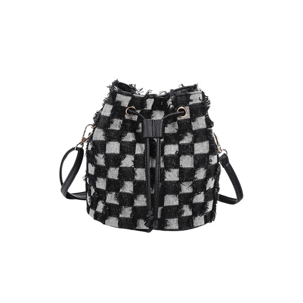 OYOANGLE Women's Plaid Print Drawstring Raw Trim Crossbody Bags Casual