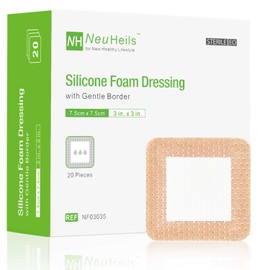 NeuHeils Silicone Foam Dressing with Gentle Border 3''x3'', 20 Packs for Bed Sore Pressure Ulcer, High Absorbency Waterproof Silicone Wound Bandage Patch