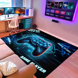 Gaming Area Rug for Kids Bedroom Living Room Gamepad Gamer Rugs for Bedroom Boys Teens Playroom Blue Doormat Floor Mats Video Game Player Carpets for Game Room Bathroom Game Decor, 3'x5'