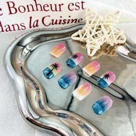 LWTZLW Summer Press on Nails Short Square False Nails French tip Sea Full Cover Glue on Nails Coconut Tree Coffin Acrylic Fake Nail Color Glossy Artificial Nail Reusable for Women