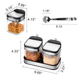SvaTao Condiment Jar Spice Container with 304 Stainless Steel Lids and Spoons,Clear Glass Condiment Canisters Pots Seasoning Box Salt Container Sugar Bowl Set of 2 for Kitchen, Counter, Food Storage