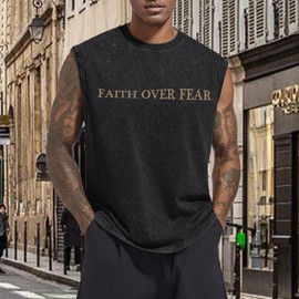 Weetiotio Mens Christian Sleeveless Shirts Faith Over Fear Graphic Tank Tops Gym Workout Acid Wash Tanks Cut Off Muscle Shirt(Black,2XL)