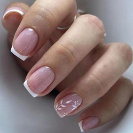 White French Press on Nails Short Square Fake Nails Leaves Glue on Nails Light Purple Acrylic Nails Simpe False Glossy Glitter Artificial Summer Nails for Women 24 Pcs