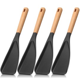 Reallnaive 4 Pcs Cooking Spoons for Nonstick Cookware 12 Inch Silicone Spoon Spatula with Wood Handle for Cooking, Serving, Mixing, Scoop, and Scrape, Black