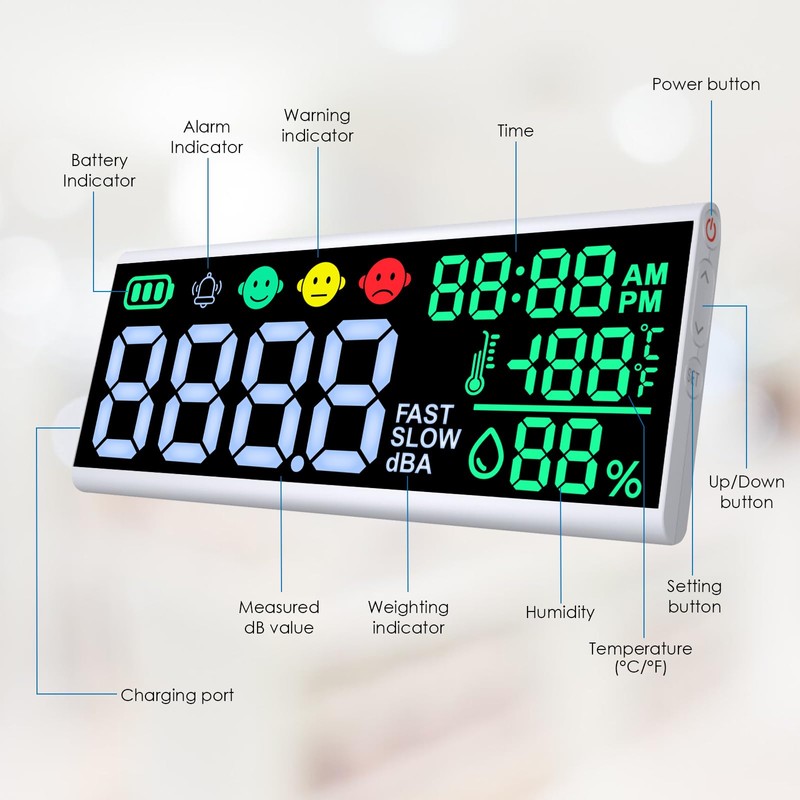 Decibel Meter 30~130dB Sound Level Meter, 13 inches LCD Display