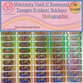 70 Hologram Tamper Evident, Tamper Proof Stickers. Warranty Void If Removed. Individual Serial Numbers. Tamper Foil Tape Labels. Destroyed Upon Removal with Residual Text Left on Item. (70 Stickers)