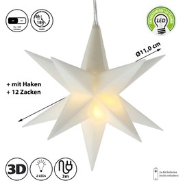Cepewa Luminous Star 3D White 12 Prongs for Hanging | Diameter 11 cm Timer Function 3 m Cable | Christmas Star Lighting (1 x LED Star White)