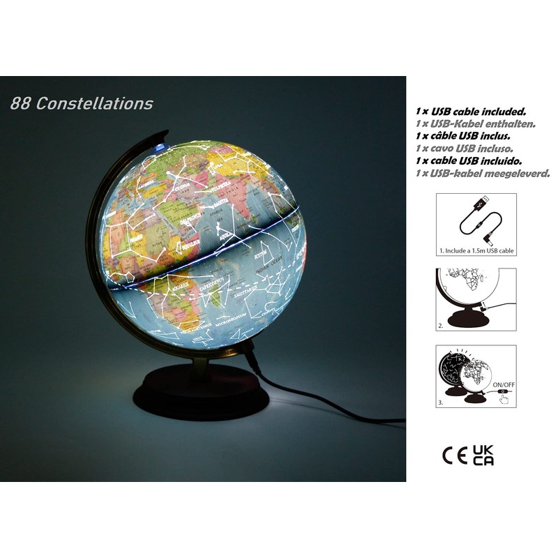 Exerz Illuminated World Globe 20cm Diameter Wooden Base - Spanish