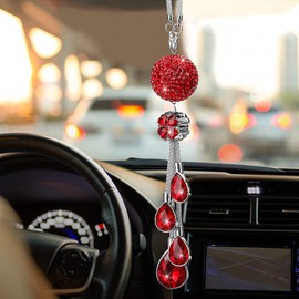 OTOSTAR Bling Crystal Ball and Drops Car Hanging Accessories, Car Rear View Mirror Pendant Charms Interior Sun Catcher Ornament, Bling Car Accessories for Women Girls (Red)
