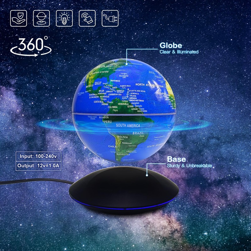 Dracarys Magnetic Levitation Floating Globe, 6 Inch Rotating World Map,