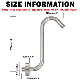NearMoon S Shaped Shower Head Riser Arm, Shower Extender Arm with Flange, Standard 1/2" Connection- Bathroom Accessory (10 Inch, Brushed Nickel)