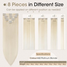 Elailite Clip-In Real Hair Extensions, 8-Piece Set, #60 Platinum Blonde, 20 cm