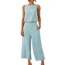 ANRABESS Women's Summer 2 Piece Outfits Sleeveless Crop Top Capri Wide Leg Pants Jumpsuit Casual Linen Lounge Matching Sets Beach Travel 2024 Trendy Clothes Blue Medium