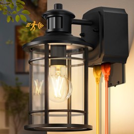Porch Lights with GFCI Outlet, Dusk to Dawn Motion Sensor Outdoor Lights, 3 Lighting Modes Waterproof Anti-Rust Alunmium Outside Porch Wall Light, Exterior Light Fixture for House Garage Front Door