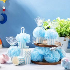 Afarnook 50 Set Baby Shower Party Favors for Guests Include Bath Sponge Loofahs with Cupcake Gift Packaging Bow and Clear Plastic Bags for Baptism Gender Reveal Birthday Wedding Supply (Blue)
