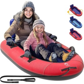 QPAU Snow Sled with Premium Canvas Cover, 2 Person Inflatable Heavy Duty Snow Tube with Reinforced Handles, Snow Sleds for Kids and Adults, Winter Toboggan Outdoor Toys Gifts for Family - Colour: Red&Blue