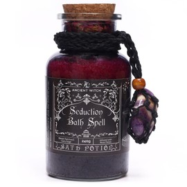Ancient Witch Bath Spell Potion with Amethyst Crystal Amulet, Seduction Scent, Aromatherapy Bath Salts, Vegan, Natural, Patchouli & Clary Sage, 240g