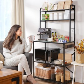 Home Limpidity Large Bakers Rack for Kitchen, 33-inch Wide Coffee Bar Station with Power Outlet, 5 Tier Microwave Stand Storage Shelf with S-Shaped Hooks, Metal Frame with Coloured Glass Tabletop