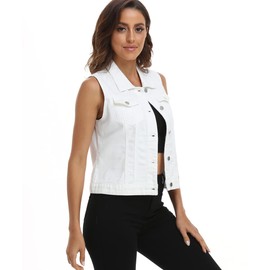 MISS MOLY Women Denim Vest Sleeveless Jean Vest with Chest Pockets White M