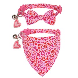ADOGGYGO Pink Valentine's Day Cat Collar with Bowtie Bandana, Valentine Day Kitten Bowtie Collar, Pet Heart Collars for Cat Kitten (Valentine's Day)