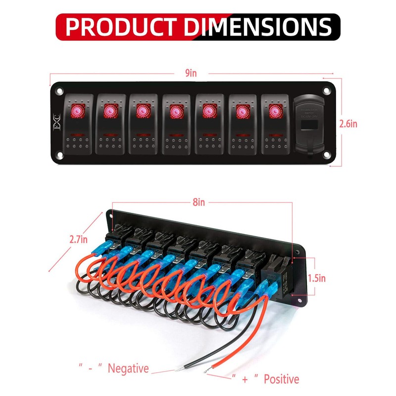 FXC 12V 24V DC 7 Gang Rocker Switch Aluminum Panel