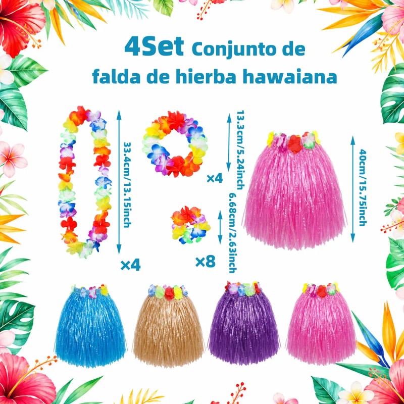 4 Set Falda Pulseras Collar Diadema Hawaiano Disfraz Fiesta