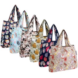 allydrew Small Foldable Tote Nylon Reusable Grocery Bags (Set of 6), Infinite Cats