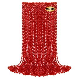24 PCS Red Christmas Bead Necklaces, Mardi Gras Beads Bulk, 33" Metallic Color Beaded Costume Necklaces for Valentine, Beaded Accessory for Parade Throws Wedding Carnival Festive Event Accessories