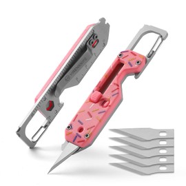 VIRENKNIFE Mini Utility Knife Keychain Multitool,12-in-1 EDC Multitool with Screwdriver, Pry Bar, Carabiner, Bottle Opener, Retractable Razor Blade Mini Box Cutter OTF Knife for Everyday Carry (Donut)
