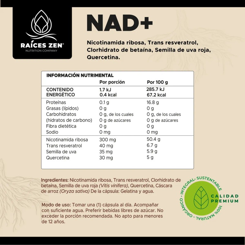 Nad+ Nicotinamida Ribosa Resveratrol Betaina Raíces Zen Sin Sabor