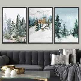 SIGNWIN Framed Canvas Print Wall Art Set Winter Snow Pine Tree Forest Cabin Nature Wilderness Illustrations Modern Art Rustic Calm/Zen Landscape for Living Room, Bedroom, Office - 24"x36"x3 Black