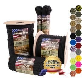 TOUGH-GRID Premium Black Paracord 550 lbs Made in USA Outdoor Survival Nylon Rope Tactical Heavy Duty Strands Parachute Cord Used by US Military Type III Mil-Spec