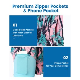 maamgic Mens Swim Trunks with Compression Liner 5" Stretch Beach Shorts Quick Dry with Zipper Pockets No-Chafing Board Shorts Pink- Black Palm L