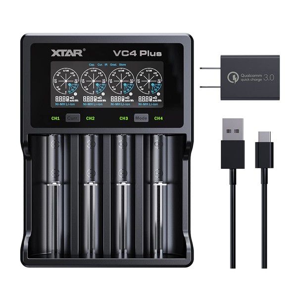 XTAR VC4 Plus Battery 3A Fast Charger, 4 Bay Rechargeable Battery Charger Extend Version for 3.6V 3.7V 18650/20700/21700 Li-ion IMR INR ICR for 1.2V AAA SC Ni-MH Ni-CD with QC3.0 Adapter
