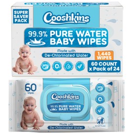 De-Chlorinated Pure Water Baby Wipes | Gentle Unscented Wipes for Sensitive Skin | 99.9% Pure Water Based | Alcohol-Free, Paraben-Free | Soft & Thick (60 Count (Pack of 24))