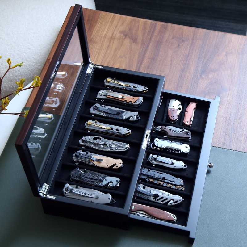 Bonaking Knife Display Case Two-Tier Pocket Knife Case Box Storage