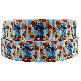 Lilo and Stitch with Flowers 1" Wide Repeat Ribbon Sold in Yard Lots (1 Yard)
