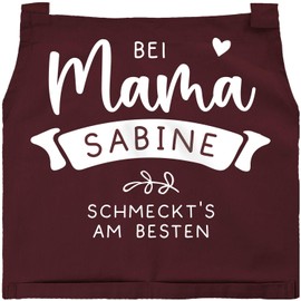 SpecialMe® Cooking Apron Women's Kitchen Apron with Saying "Bei Mama schmeckts am Besten" [German Language], Customisable with Mum Name Bordeaux Red