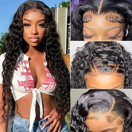 13x6 HD Transparent Deep Wave Lace Front Wigs Curly Human Hair Wigs for Women Glueless Brazilian Curly Lace Frontal Wigs Human Hair Pre Plucked With Baby Hair Natural Black 180% Density(26inch)