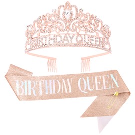 FASOTY Birthday Queen Sash and Crown Tiara - Rose Gold Glitter with Dazzling Colored Foil Birthday Queen Sash and Rhinestone Crown for Women Girls Funny Birthday Party Favors