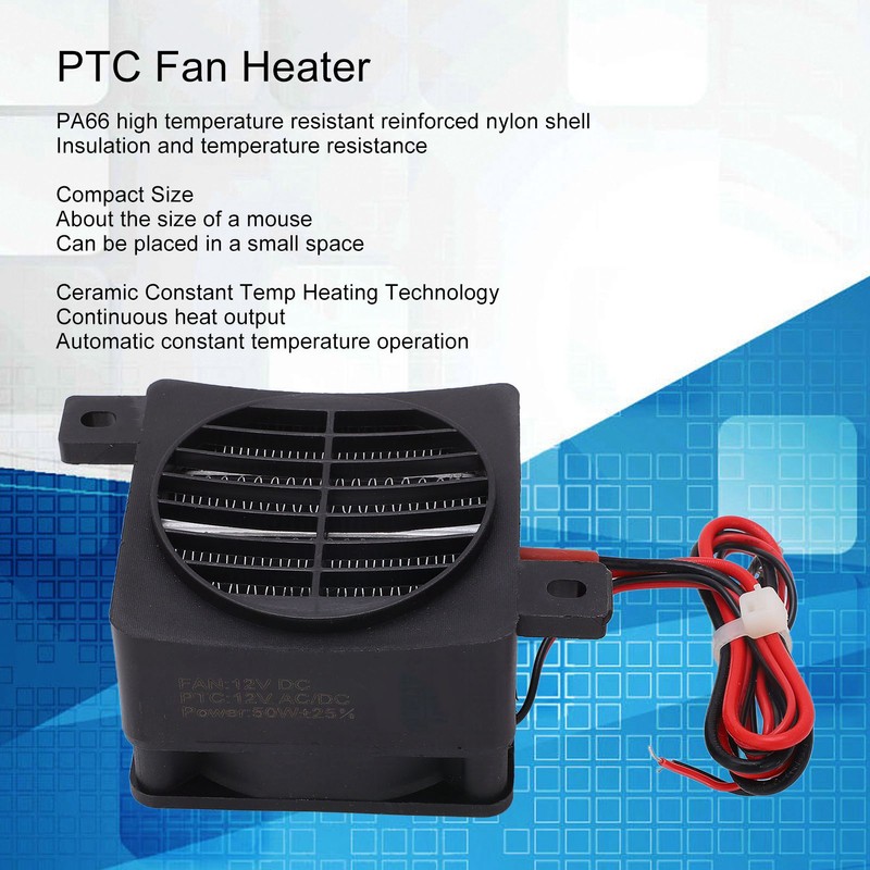 PTC Fan Heater DC12V 50W Constant Temp Heating Insulated Mini