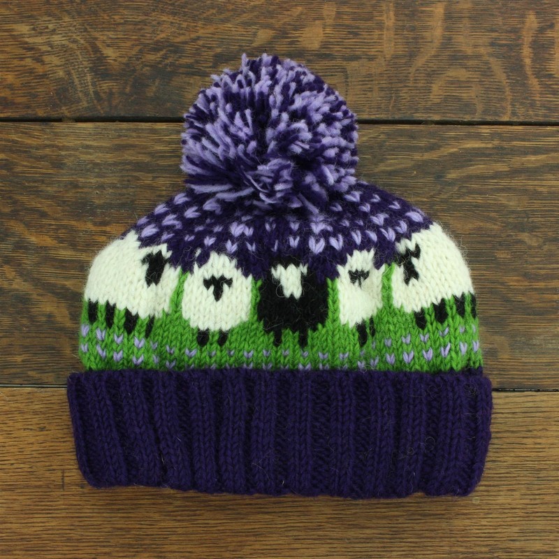 LOUDelephant Wool Knit Bobble Beanie Hat - Sheep - Green