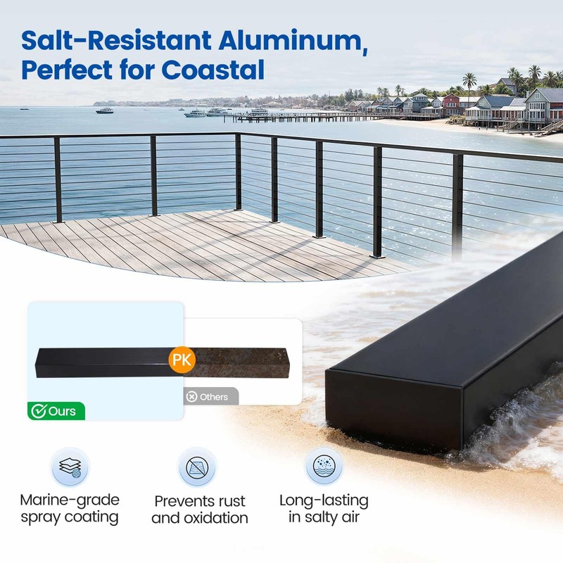 Muzata 8ft Black Aluminum Cable Railing Handrail Rectangular HL10