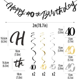 40th Birthday Decorations for Boys Swirls Streamers Set, Hanging Vortex Happy 40th Birthday Banner for Girls, Black and Gold 40 Birthday Decor Party Bunting