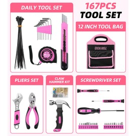 DOWELL 167PCS Kid Pink Tool Kit Perfect for DIY, Home Maintenance, Womens Tool Kit for House, Home Tool Set for Women, Girls, Ladies with Storage Bag