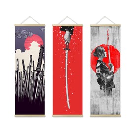 3PCS Japanese Wall Sword Decor, Wall Art, Home Decor for Bedroom, Samurai Armor Warrior Canvas Decorations With Scroll Wood Framed, Sushi Restaurant Decor, 11'' x35''