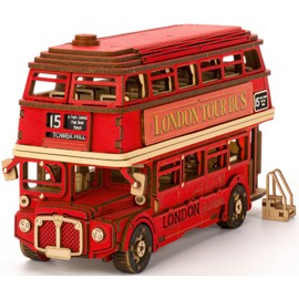 ROBOTIME 3D Puzzle London Double Decker Bus Model Making Wooden DIY Wooden Puzzle Model Kit Craft Sets Gift for Adults and Children